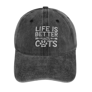 Detail of LIFE IS BETTER with CATS embroidery on a washed cotton grey baseball cap