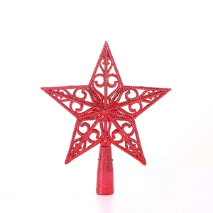 Sparkly red glitter star tree topper with hollow iron wire design and cone base