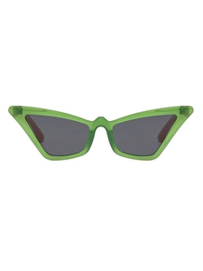 Front view of translucent green cat-eye sunglasses with dark grey lenses and sharp edges