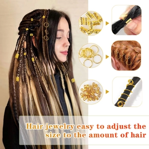 Detailed views of gold dreadlock jewelry set with adjustable hollow metal rings and coils