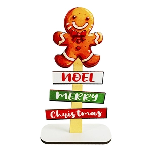 Detail of wooden gingerbread man tabletop sign with Noel Merry Christmas text decorations