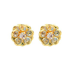 Elegant gold flower stud earrings with light blue crystals and clear zircon petals