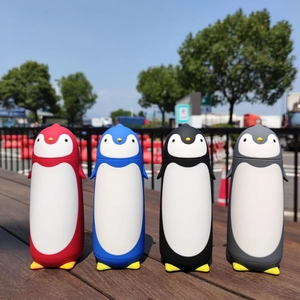 Group of cute penguin-shaped insulated water bottles in red blue black and grey colors