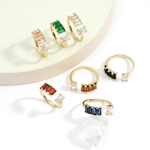 Adjustable Open Ring Copper Gold Plated Colorful Baguette Zircon Geometric Minimalist Fashion Jewelry For Women