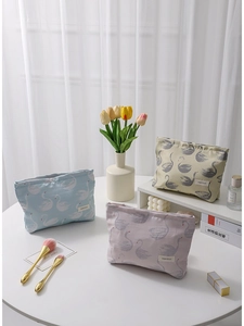 Swan Pattern Jacquard Makeup Bag Portable Zipper Cosmetic Storage Pouch Travel Toiletry Organizer For Women Elegant