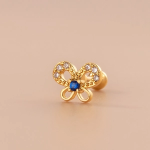 Golden hollow butterfly stud earrings with sparkling blue and white zircon accents