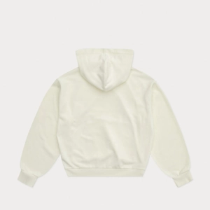 Rückansicht cremeweißer schwerer Baumwoll-Hoodie im minimalistischen Drop-Shoulder-Design