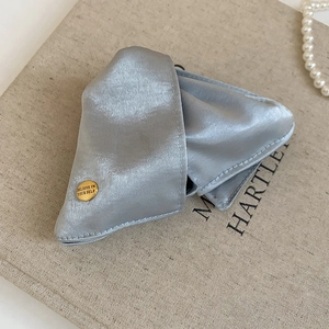 Close-up of silver-grey satin hair claw with a gold 'Believe in Yourself' metal tag
