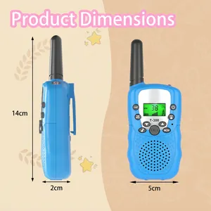 Blue T-388 walkie talkie for kids with LCD screen and antenna shown in 14cm size