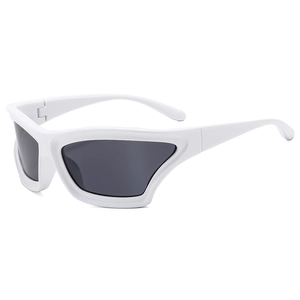 Fashionable oversized wrap-around sunglasses with white frame and dark lenses