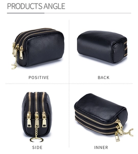 Black cowhide leather coin purse with triple zipper compartments and gold key ring