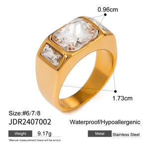 Detail view of gold stainless steel ring with square zircon stone and size dimensions