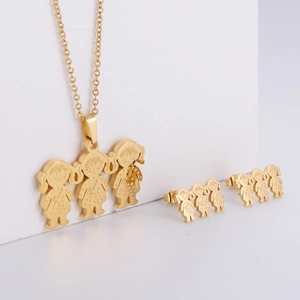 Gold-plated stainless steel jewelry set featuring three girls cartoon pendant and earrings