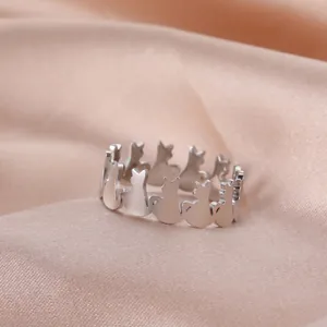 Cute hollow cat silhouette open ring for women in matte silver stainless steel finish