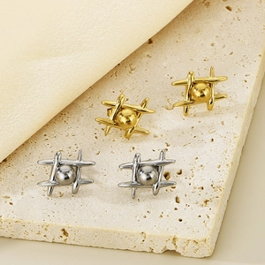Stud Earrings Stainless Steel Geometric Hashtag Shape Center Ball Vacuum 14K Gold Plated Modern Minimalist For Women