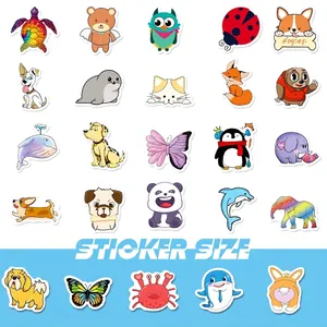 Set of 100 cute cartoon animal stickers for laptops with 4cm size measurement guide
