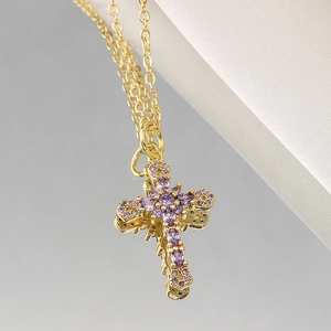 18K gold plated copper necklace with a sparkling purple zircon paved cross pendant