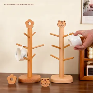 Mug Holder Cup Drying Rack Beech Wood Tree Shaped Multi Hook Kitchen Storage Organizer Jewelry Hanging Stand Japanese Style