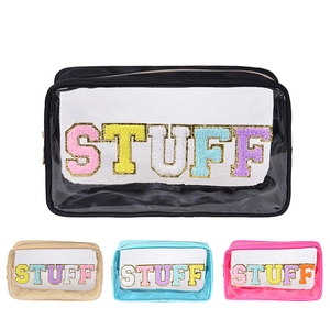 Waterproof PVC makeup bag with STUFF embroidery patches in multiple colors for travel