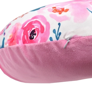 Detail of floral baby nursing pillow cover with soft plush fabric and hidden zipper