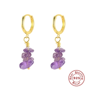 Detailed macro view of S925 sterling silver earrings with purple natural stone charms