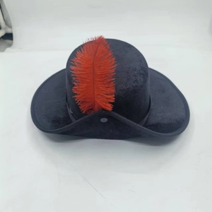 Vintage black felt tricorn hat with a striking red feather, stylish British jazz style