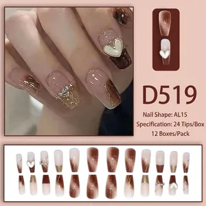 Long trapezoid press-on nails D519 featuring brown gradient with heart and diamond accents