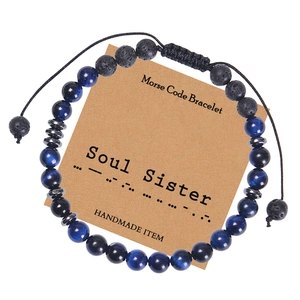 Detail of Soul Sister Morse code bracelet with blue tiger eye and lava stone beads