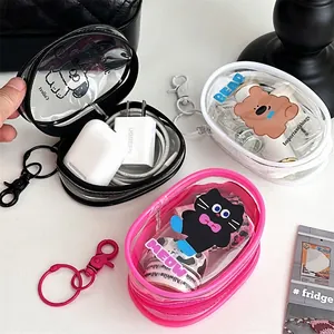 Mini Transparent PVC Storage Bag Cartoon Bear Cat Waterproof Earphone Case With Carabiner Travel Cable Organizer Pouch