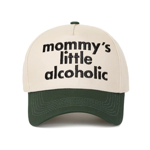 Detailed close-up of Mommy's Little Alcoholic embroidery on contrast baseball cap