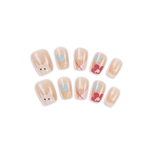 Cute cartoon animal graffiti press-on nails set with pink gradient and rabbit patterns