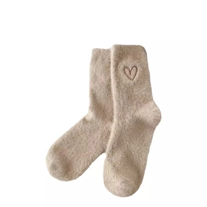 Plush mink velvet crew socks in beige with cute heart embroidery for winter warmth
