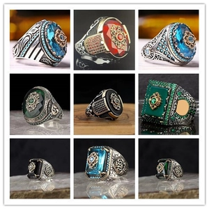 Vintage Men Signet Crown Ring Alloy Synthetic Gemstone Ottoman Ethnic Retro Style Jewelry Decoration Accessory