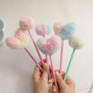 Creative fluffy ball pens with rainbow faux fur pom poms and heart shaped tops for girls