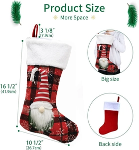 Christmas stocking with gnome embroidery and red buffalo plaid fabric for holiday gifts