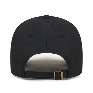Classic black cotton baseball cap with adjustable bronze metal buckle and canvas texture