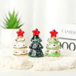Set of 3 mini handmade glass Christmas trees with red star toppers for festive decor
