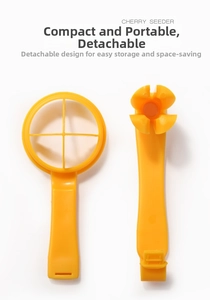 Close-up of detachable yellow cherry seeder with easy-to-clean plastic components