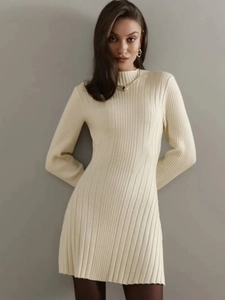 Chic beige ribbed knit long sleeve A-line mini dress with a mock neck for spring