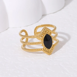 French vintage 18K gold plated titanium steel ring with black rhombus centerpiece
