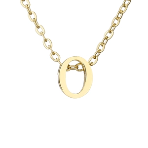 Detailed view of a gold-plated necklace featuring a polished letter O pendant charm