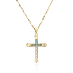 Minimalist gold turquoise cross necklace with zircon stones on white background