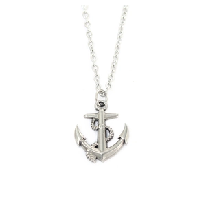 Men's silver stainless steel anchor pendant necklace with wax rope and cross chain link