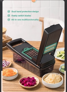 Detail showing various slicing blades and double hand guards on a 13-piece vegetable cutter