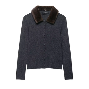 Dark grey knit cardigan with faux fur collar and decorative buttons for autumn fashion