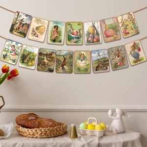 Close-up of vintage Easter banner with retro bunny and egg illustrations on cardstock