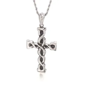 Stainless Steel Cross Pendant Necklace Vintage Retro Religious Celtic Knot Textured Jewelry Accessory For Men