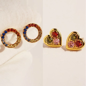 Exquisite Rainbow Zirconia Heart Round Stud Earrings For Women Gold Plated Sweet Lolita Style Jewelry With 925 Silver Post