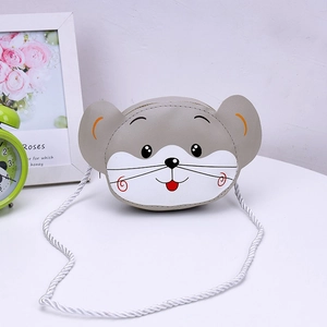 Cute grey mouse cartoon crossbody bag for kids with white details and rope strap