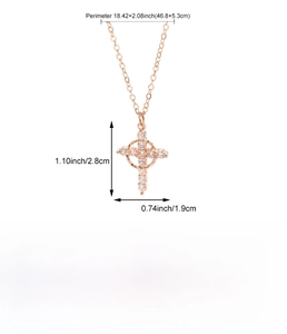 Detailed size chart of rose gold Celtic cross necklace with cubic zirconia dimensions